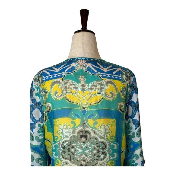 Hale Bob Shirt Women Small Green Blue Silk Beaded V Neck Ruched Sleeve Blouse - Picture 4 of 12